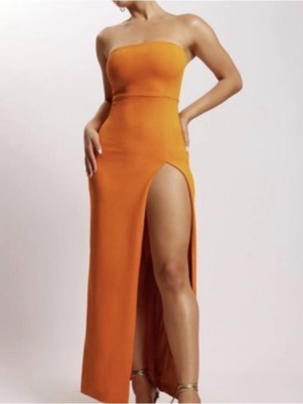 Meshki Strapless Orange High-Slit Maxi Gown